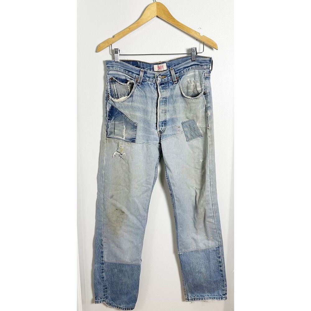Levi's Light Wash 501 Button Fly Patchwork Straig… - image 1